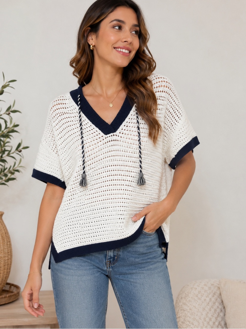Lou & Grey White Navy Hooded Cotton Sweater L Open Knit Beach Pullover